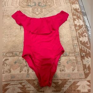 Trina Turk hot pink off shoulder ruffle one piece swimsuit